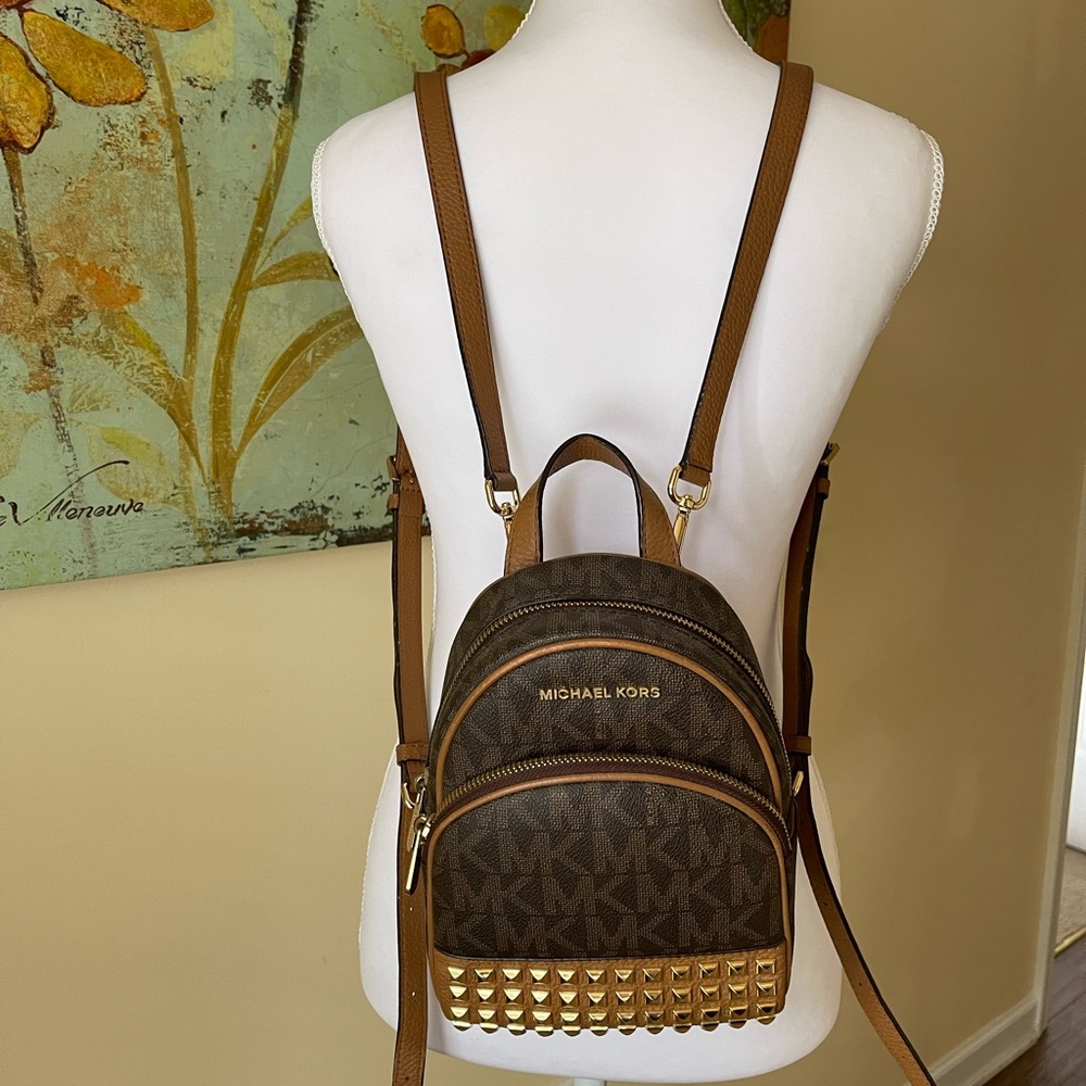 Michael Kors Brown Monogram Mini Backpack with Gold Studs